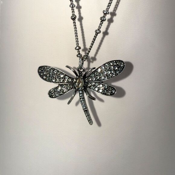 J. Jill Dragonfly Necklace Pendant Long Silver Tone Rhinestone Beads Adjustable - Picture 6 of 11